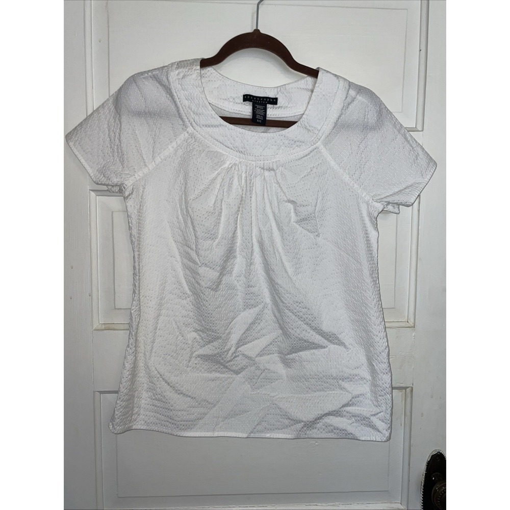 White Short Sleeve‎ Blouse Shimmer Fabric Lightweight Summer Small Coquette Core